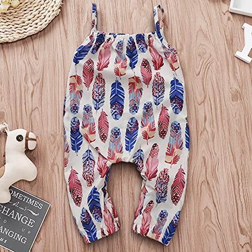 Baby Infant Girls Colorful Feathers Printed Sleeveless Suspender Cargo Shorts Jumpsuit Newborn Romper White #TOP2