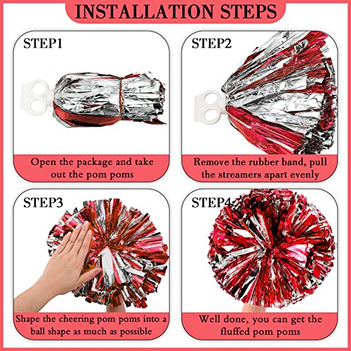 Hanaive 3 Pcs Cheerleading Pom Poms and Large Cheerleader Hair Bow Metallic Cheer supplies for Team Spirit Sports Dance Cheering(Red Silver Pom,Classic Style)
