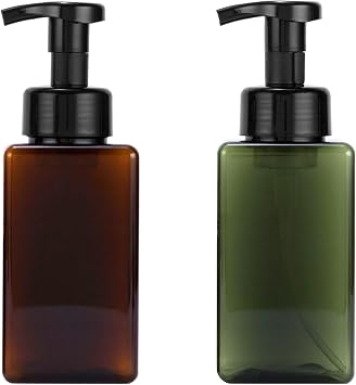 Plastic Foaming Hand Soap Dispenser Set, Reusable Pump Bottles for Kitchen and Bathroom for Shampoo Body Wash Facial Cleanser 2, Amber+Green, 450ML