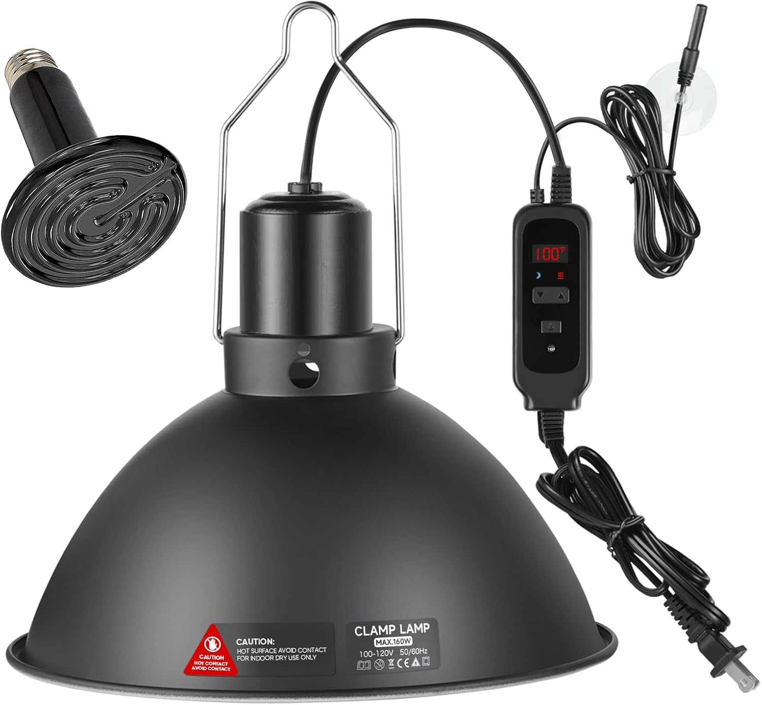 5.5inch Reptile Heat Lamp with Thermostat, Reptile Light Fixture with Dimming Thermostat, Deep Dome Lamp Fixture with 100W Ceramic Heat Emitter for Bearded Dragon, Turtles, Snake and Lizard