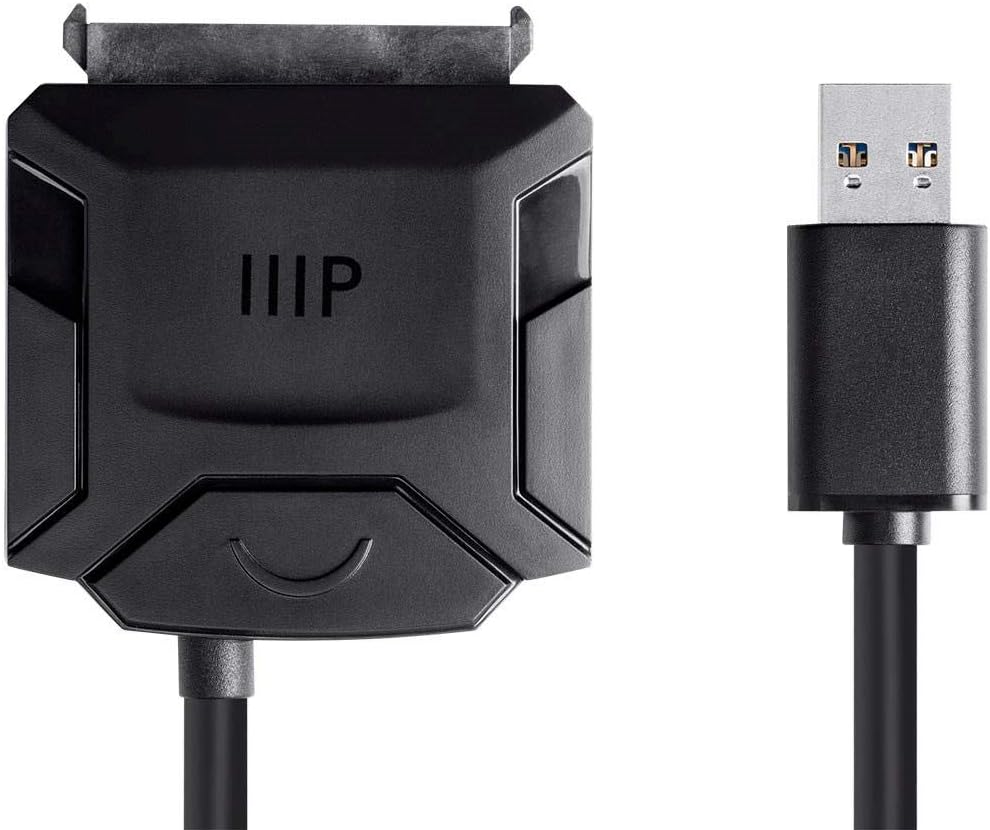 Close-up of Monoprice USB 3.0 to SATA Converter Adapter showing the SATA data and power connector and the USB 3.0 connector
