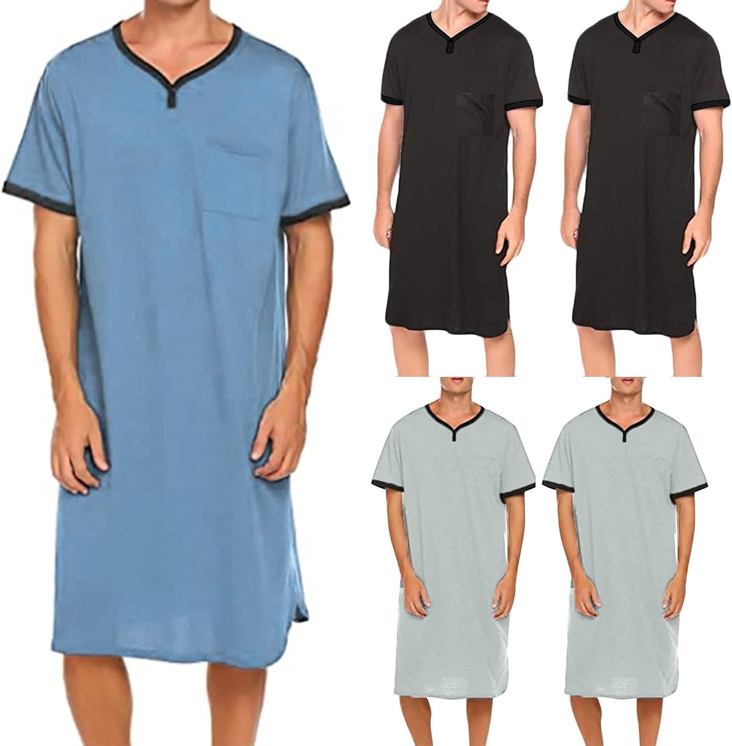 Mens Nightgown,Lounge Night Shirt,Comfy Short Sleeve V Neck Baggy Long Henley Sleep Shirts, Sleepwear with Pockets