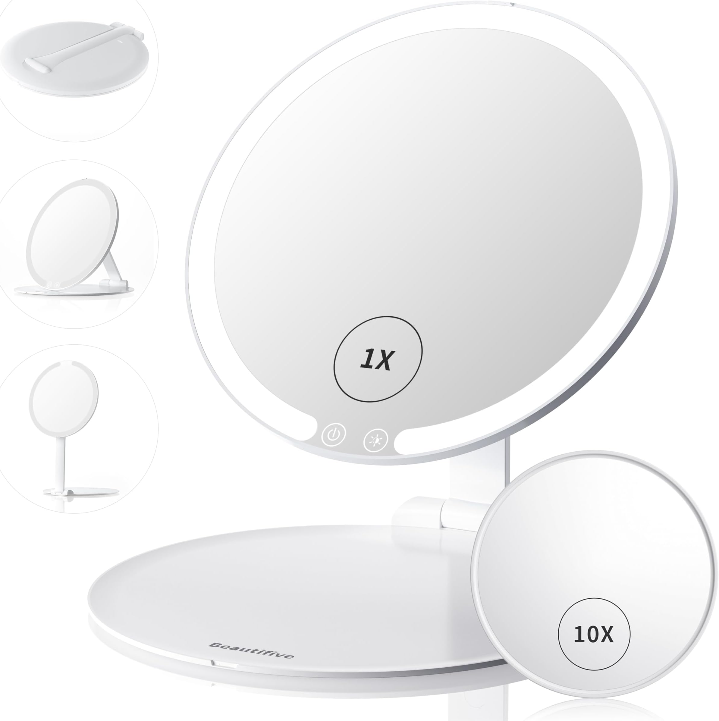 LED Travel Lighted Makeup Mirror with 10 Magnifying Small Mirrors, Rechargeable Portable Hall Sensor Light up Mirror with Adjustable Stand, 3 Colors Modes and Stepless Brightness