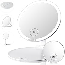 LED Travel Lighted Makeup Mirror with 10 Magnifying Small Mirrors, Rechargeable Portable Hall Sensor Light up Mirror with Adjustable Stand, 3 Colors Modes and Stepless Brightness