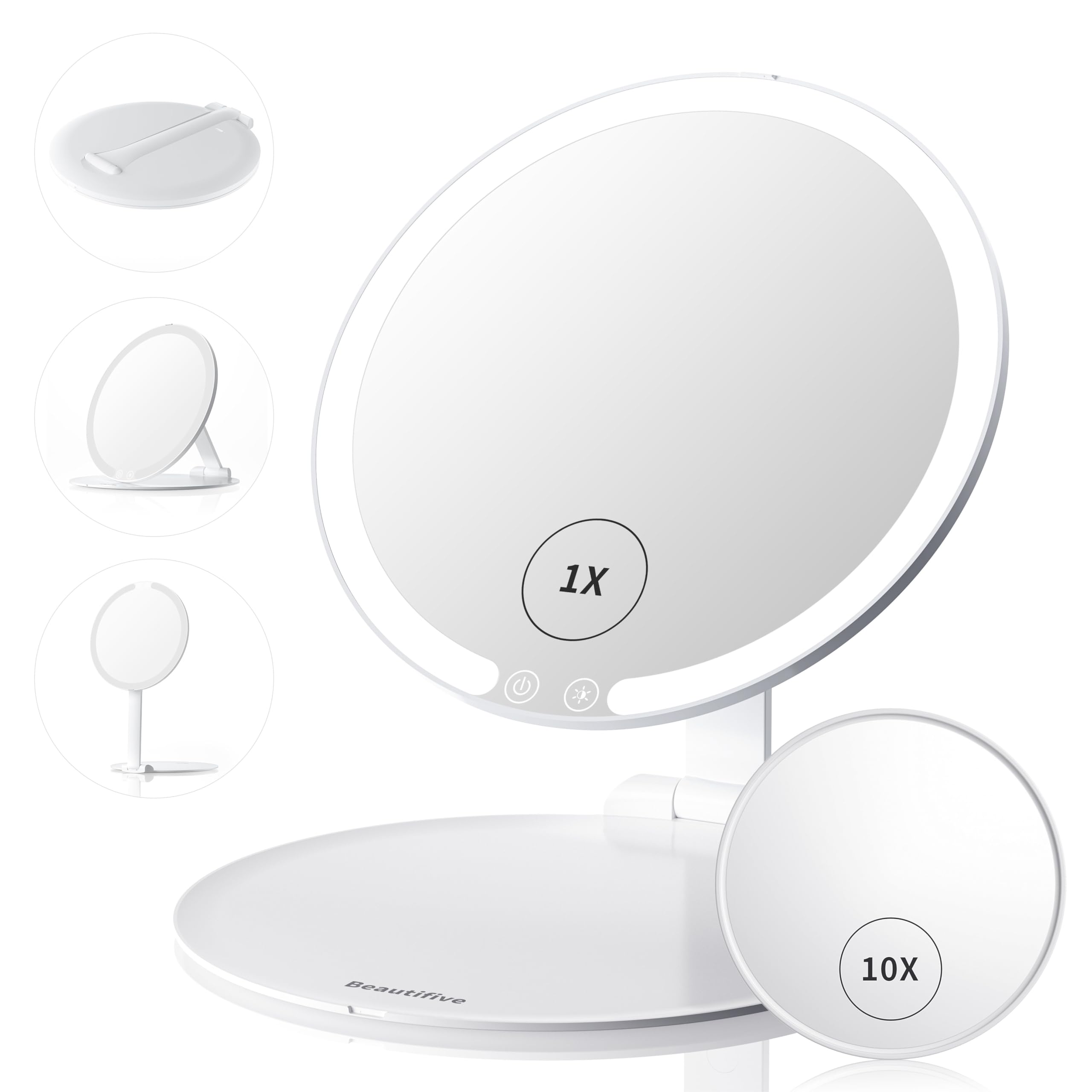 LED Travel Lighted Makeup Mirror with 10 Magnifying Small Mirrors, Rechargeable Portable Hall Sensor Light up Mirror with Adjustable Stand, 3 Colors Modes and Stepless Brightness