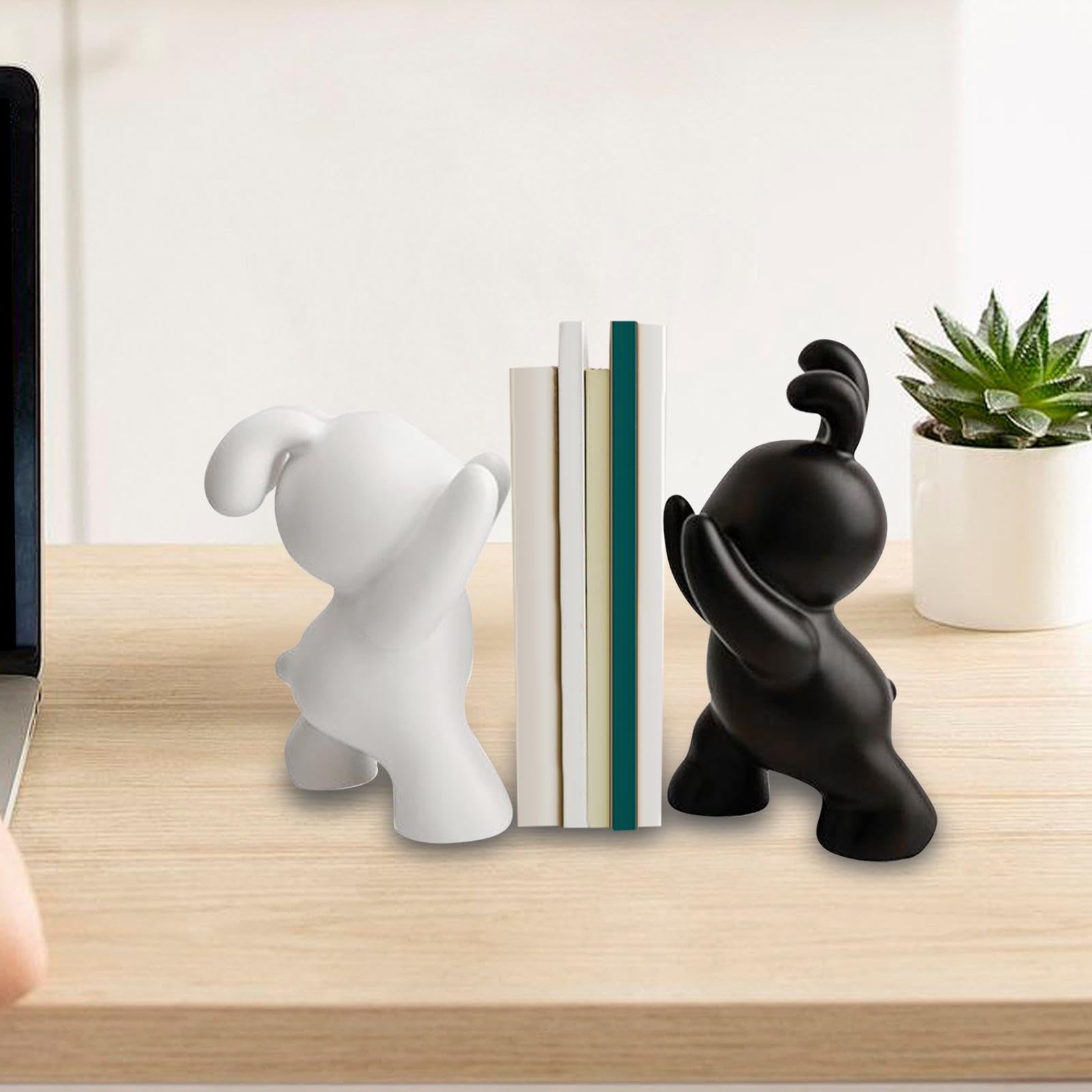 Sujetalibros decorativos con diseño de conejo, decoración de mesa, diseño de conejo, sujetalibros (blanco y negro)