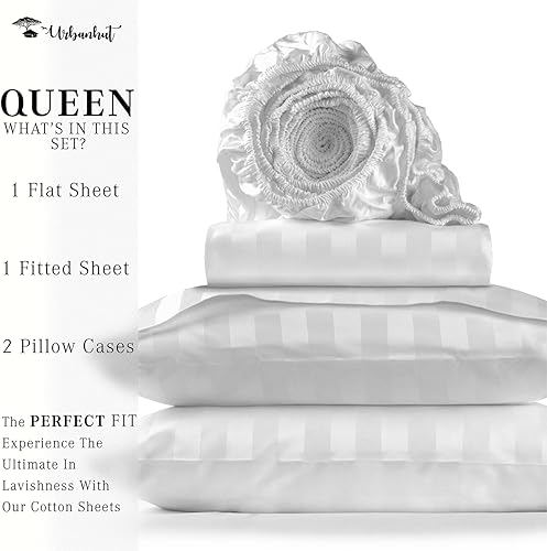 Miniatura 4 de URBANHUT Sábanas de algodón egipcio de 1000 hilos, damasco a rayas, tamaño Queen, fibras largas, suaves y transpirables, juego de sábanas de 4