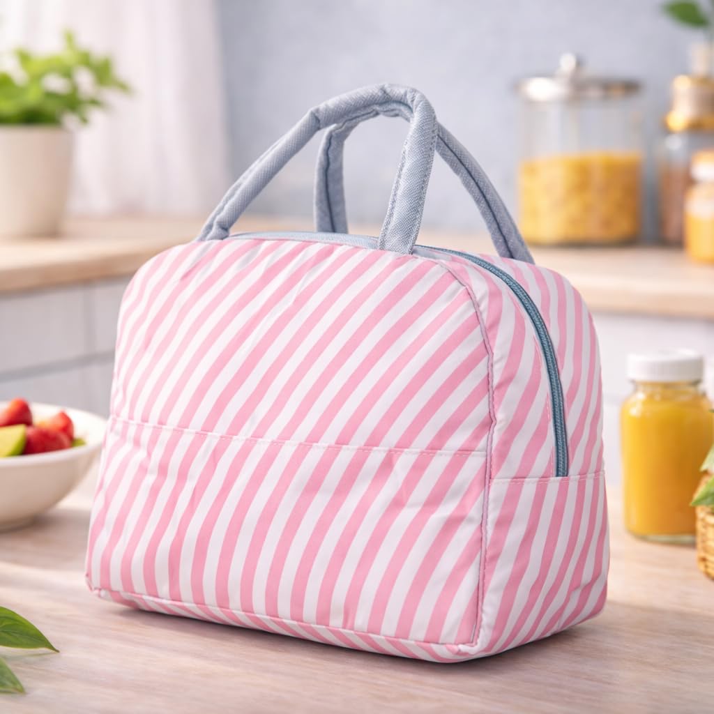 DecorTwist® Kids Insulated Lunch Bag | Cute Cartoon Lunch Bag for School | Reusable Thermal Tiffin Bag for Boys & Girls (Designs May Vary) (Pink White Stripes)