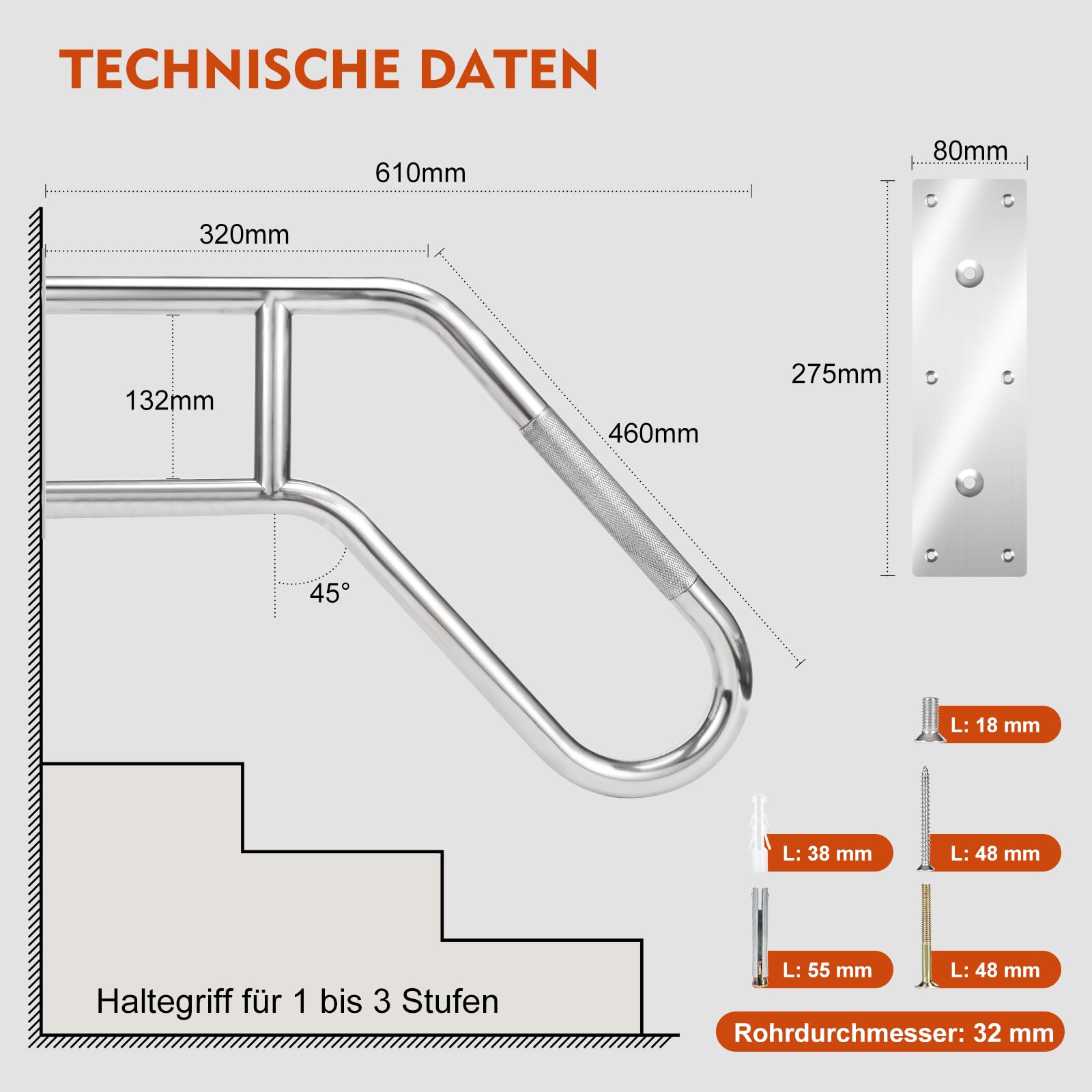 Verbesserte Edelstahl Handlauf Treppe für Außen, 60 cm Wandhandlauf U-Form für 1–3 Stufen, wetterfest & hochbelastbar für Garten, Terrasse & Eingang