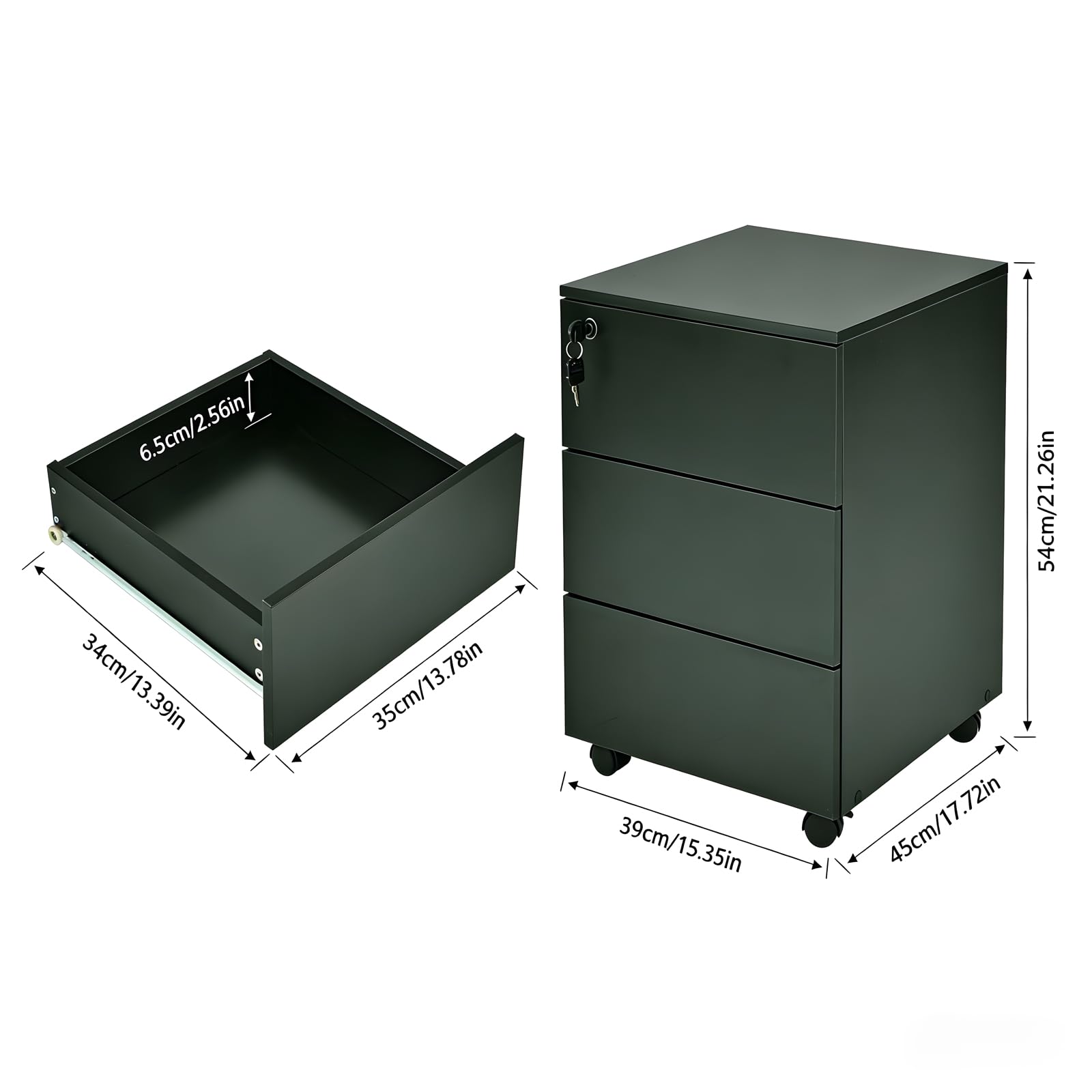 Archivador Vertical Negro con 3 Cajones y Cerradura, Gabinete de Archivo de Madera con Ruedas para Oficina y Hogar, 39x45x54 cm