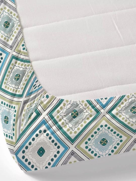 Image of King Size Fitted Bedsheet for Double Bed | 300 TC Cotton Feel Microfiber | All Around Elastic with 2 Frill Pillow Covers | Soft & Durable | (WhiteGeometricFrill, Fitted - Double72x72)