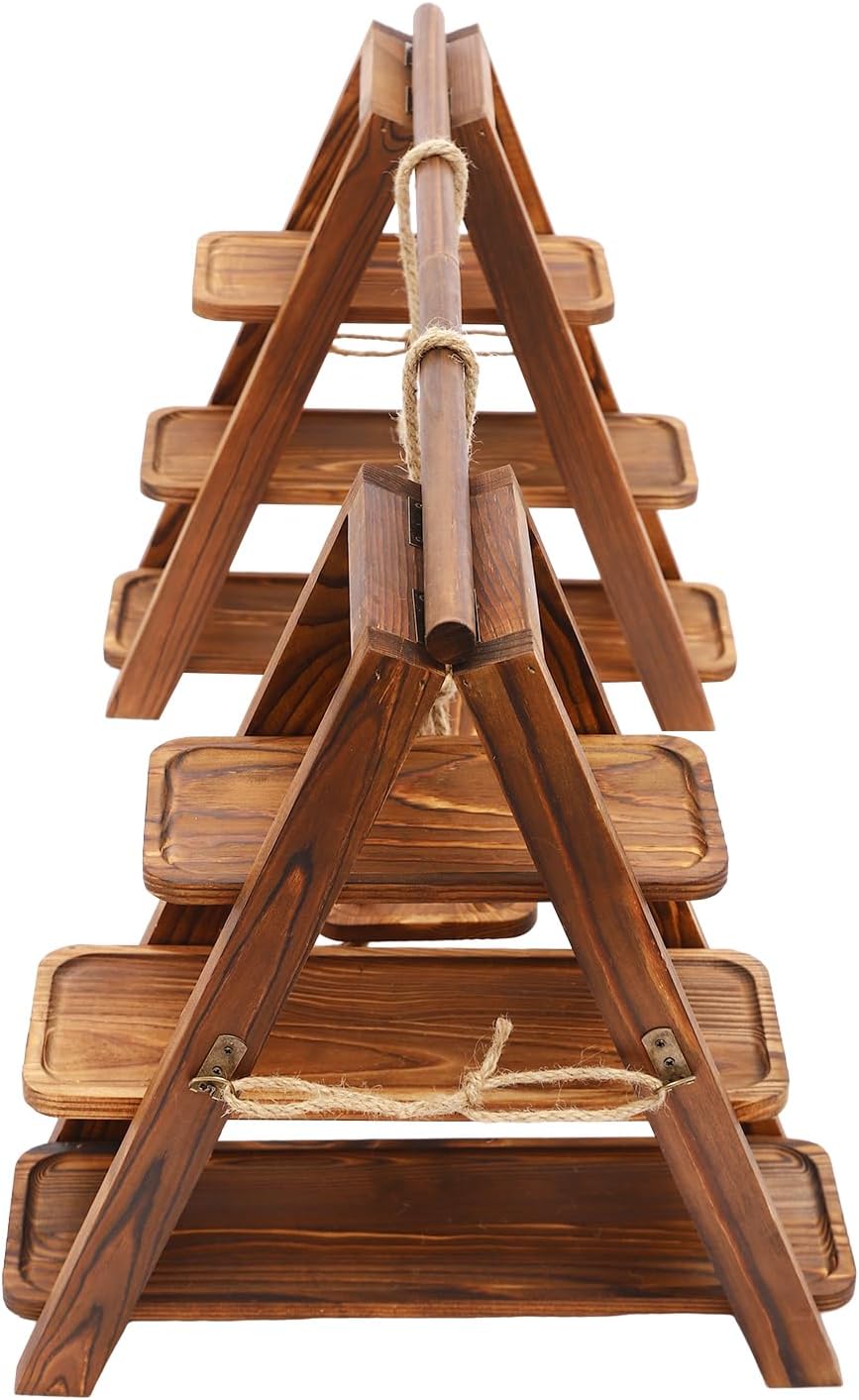 3 Tier Wooden Serving Tray Ladder Stand for Party, Foldable Wooden Cupcake Stand with Removable Trays, Serving Ladder Stand Dessert Table Food Display Shelf for Cakes, Snacks, Fruit Slice (Brown)