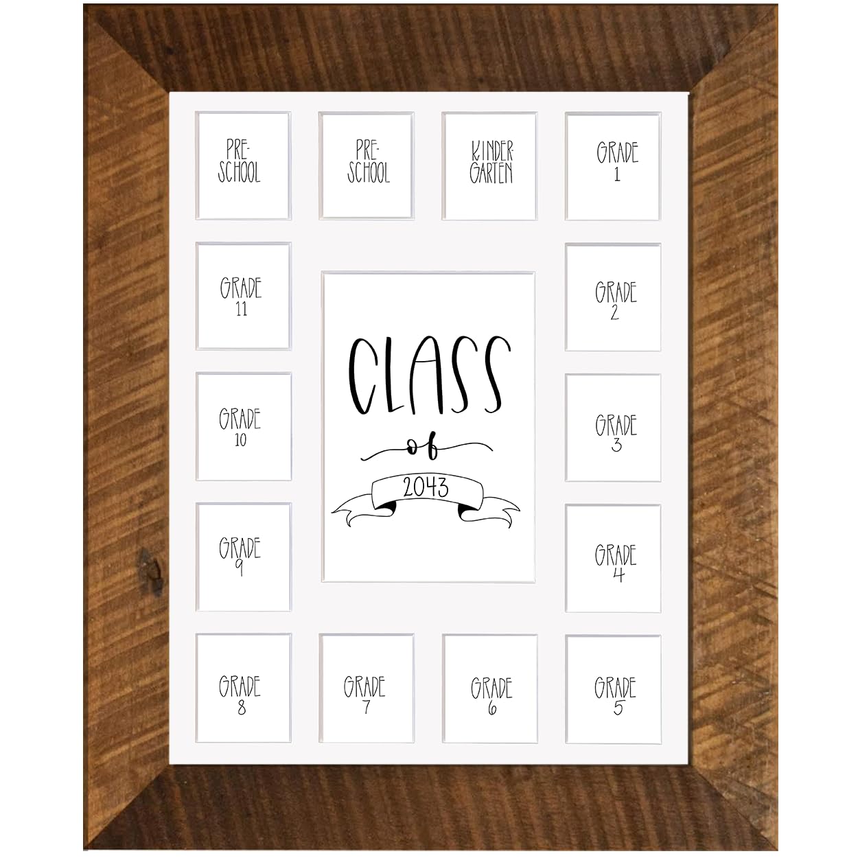 Rustic Red Door Co. School Years Reclaimed Wood Picture Frame with Mat - 11x14 Wooden Framed 15 Photo Collage Mat Pre-School &amp; Kindergarten to 12th Grade High School Graduation (Class of 2043, White)