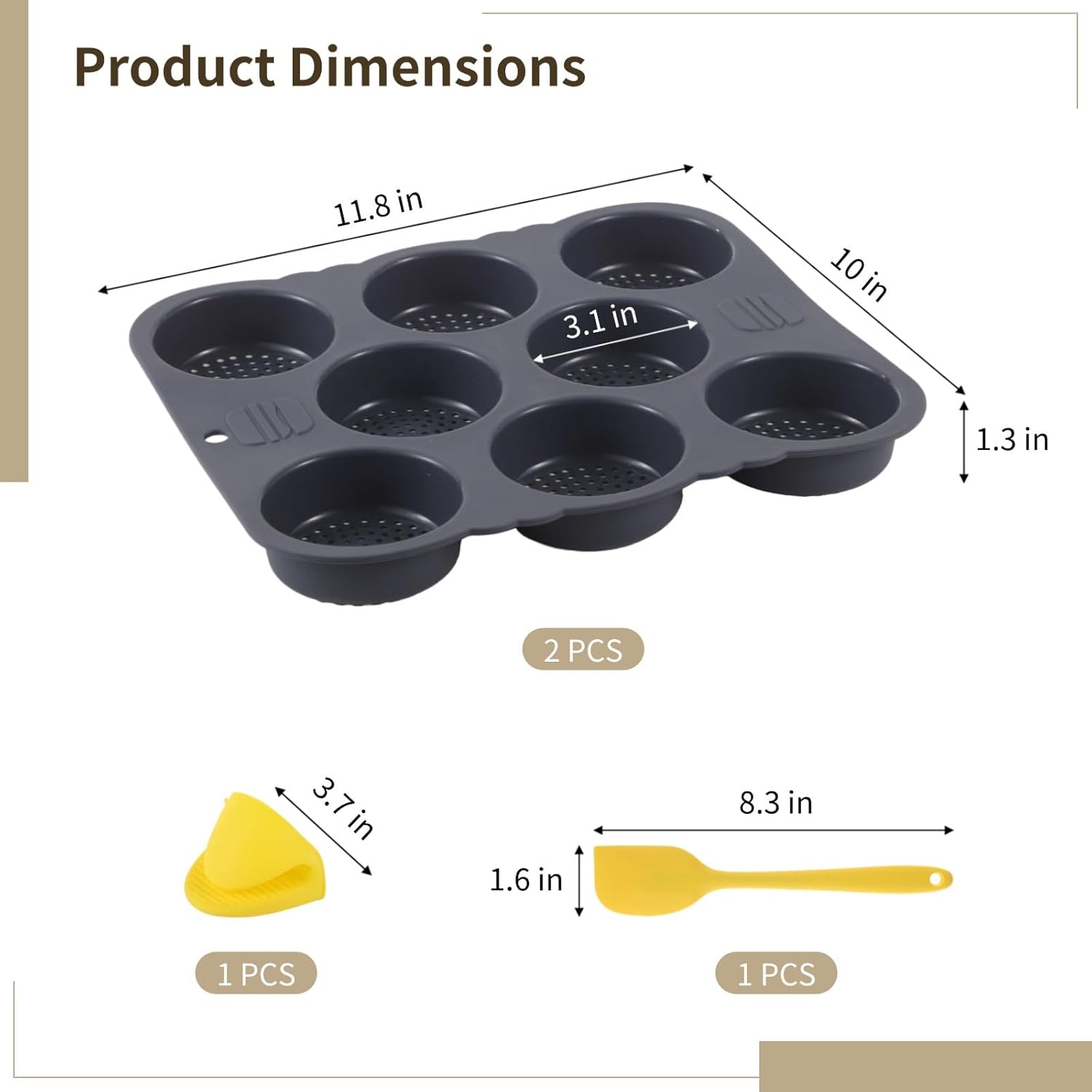 2 Pcs Silicone Hamburger Bun Molds, 8-Cup Baking Set with Spatula and Glove, Nonstick Perforated Molds, Microwave & Dishwasher Safe