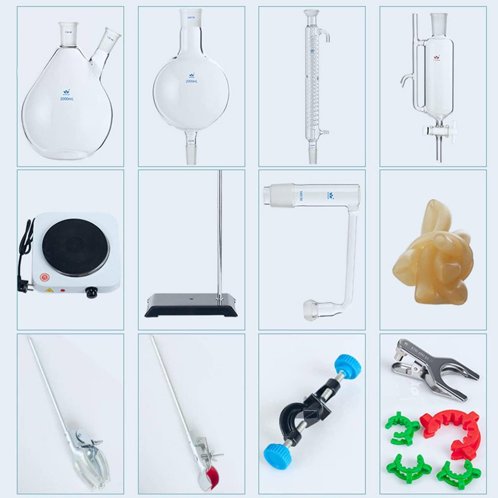 Aparato de destilación de Laboratorio, Aparato de extracción de aceites Esenciales de 2000 ml, Kit de cristalería de destilación al Vapor de Vidrio, con Condensador de Estufa Caliente, Equipo de ens