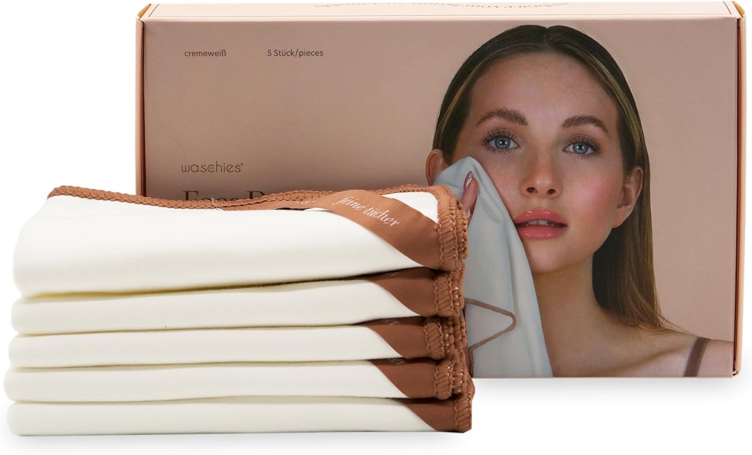 Waschies Ultra-Fine Face Cloths, Pack of 5 in Brown/White, Soft, Absorbent Towels for Gentle Drying