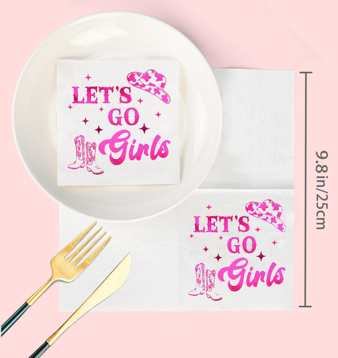 Cowgirl Party Decorations - Bachelorette Party Decorations, Lets Go Girls Western Disco Cowgirl Last Rodeo bachelorette Decorations, Bridal Shower Party Hot Pink Foil Cocktail Napkins (52-Pack, 3-ply)