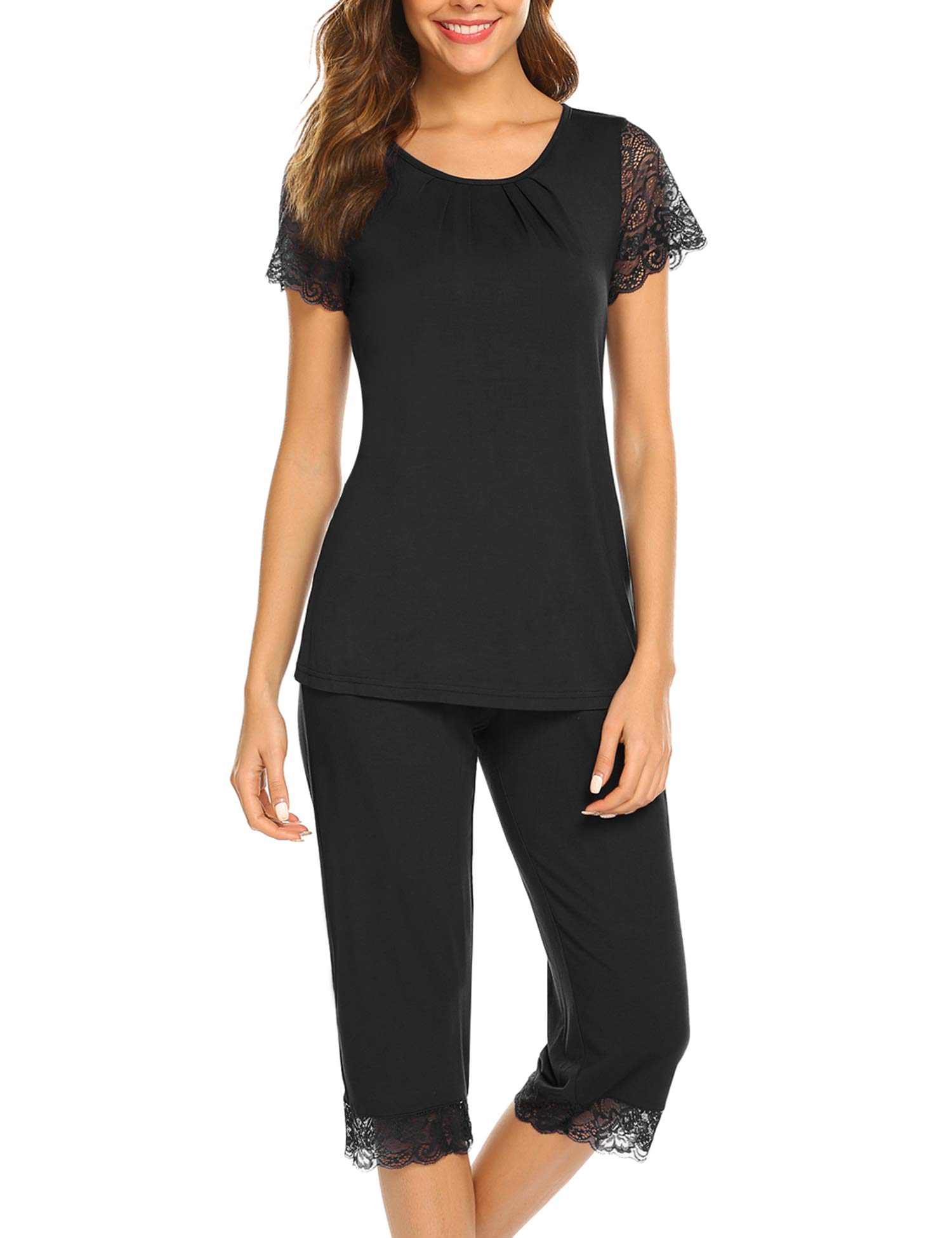 Ekouaer Womens Pajamas Sets Capri Pants with Short Sleeve Tops Round-Neck Sleepwear Ladies Sleep Sets Black