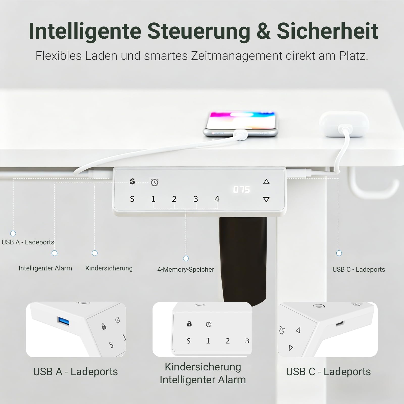 Bureau réglable en Hauteur avec Ports USB-A/C 120 x 60 cm, Bureau électrique réglable, Bureau Assis-Debout, Table Informatique réglable, Standing Desk (Blanc, 120x60)