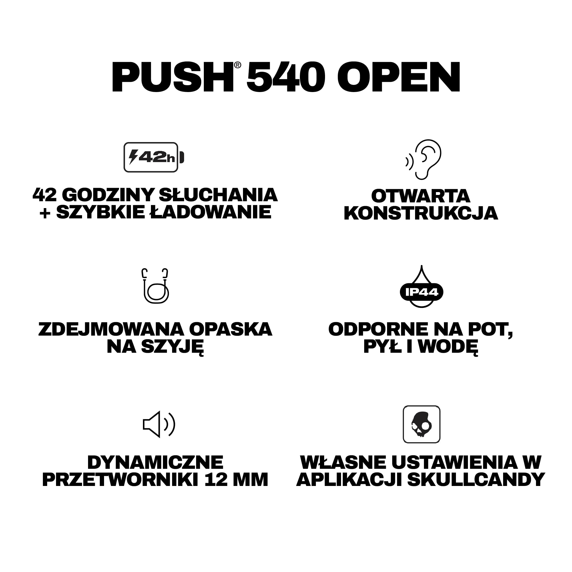Skullcandy Push 540 Open Bezprzewodowe Słuchawki Bluetooth o Otwartej Konstrukcji, Odporne na Pot i Wodę, 42 Godz. Słuchania, Zdejmowana Opaska na Szyję, Dokładne Dopasowanie - Czarny