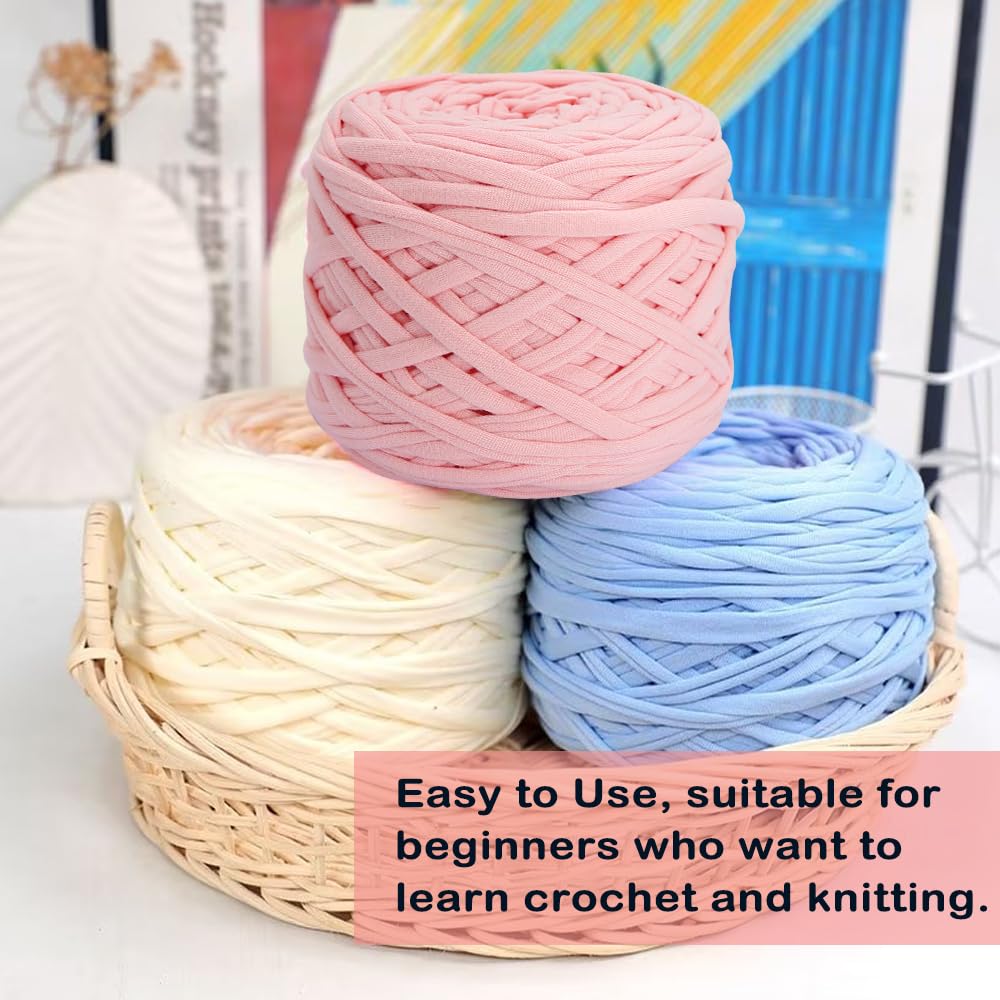 4 PCS 800g T-Shirt Yarn Elastic Fabric Crochet Cloth for DIY Knitting, Spaghetti Thick Yarn for Hand DIY Bag Basket Cushion Crocheting Projects, Home Decor (White+Pink+Blue+Grey)