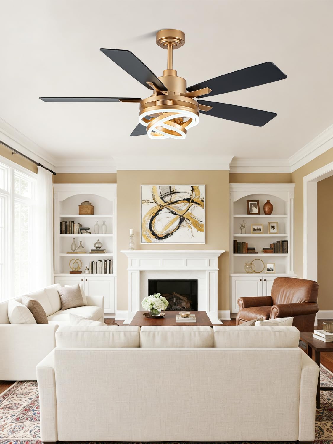 Bella Depot 52" Ceilling Fans with Lights, Large Modern Chandelier Fan, Led Fandelier Ceiling Fan with 6 Speed Reversible DC Motor for Bedroom, Living Room, Indoor/Outdoor (Gold)