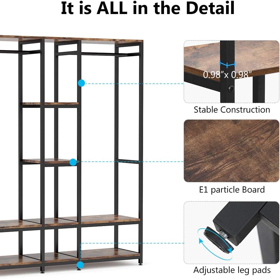 Close-up image showing the weight capacity of the hanging rods (50lb each) and shelves (40lb each) of the Tribesigns Double Rod Free Standing Closet Organizer.