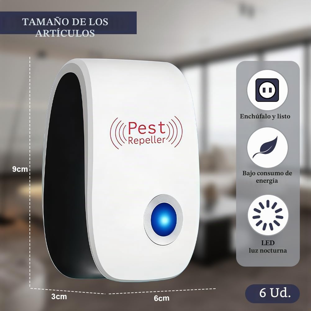 6 Pack Repelente Ultrasónico de Plagas, para Anti Mosquitos, Moscas, Ratones, Cucarachas, Arañas, Insectos, Para Familias Europeas 1