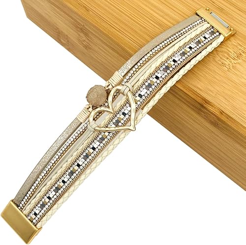 Miniatura 6 de P Ammy Fashion Pulseras de cuero con corazón de amor multicapa para mujer, pulseras apilables bohemias, brazalete bohemio con cierre magnético