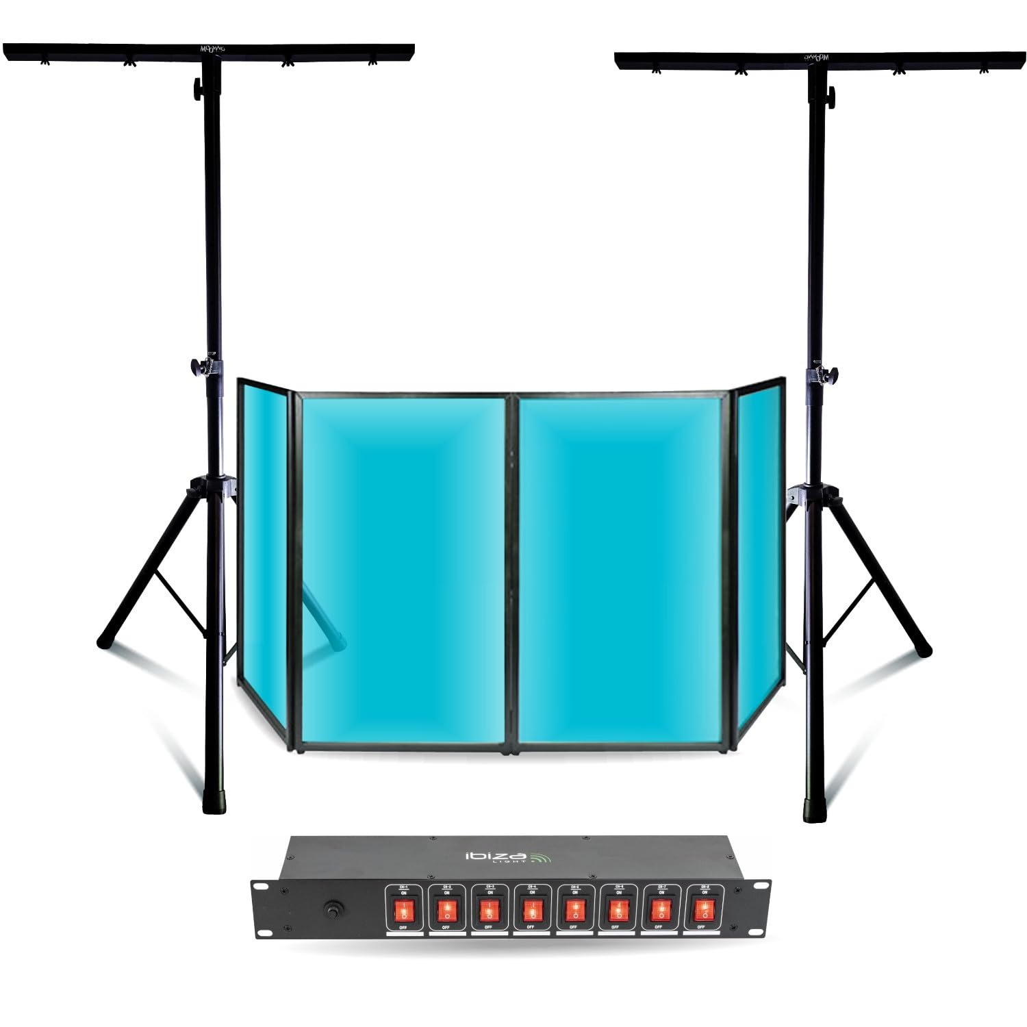 Ibiza - Pack DJ Façade 1200 x 700-2 supports lumière Mooving DJLIGHT - Boîtier Dispatching 8 voies - Soirée Fête Pro Mariage