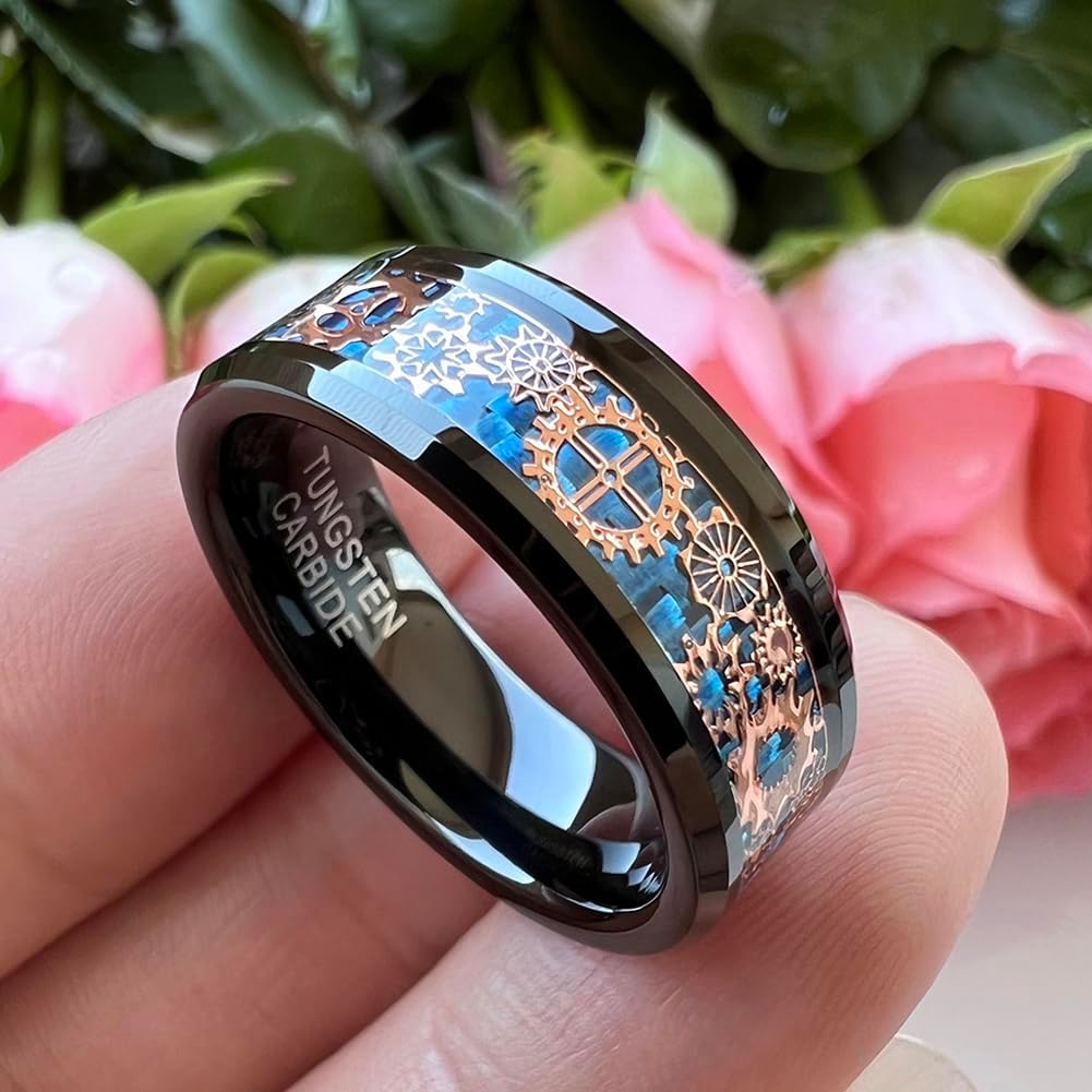 TUTISS 6mm 8mm Blue Red Green Carbon Fiber Steampunk Gear Inlay Tungsten Rings for Men Women Wedding Bands Beveled Edges Polished Comfort Fit
