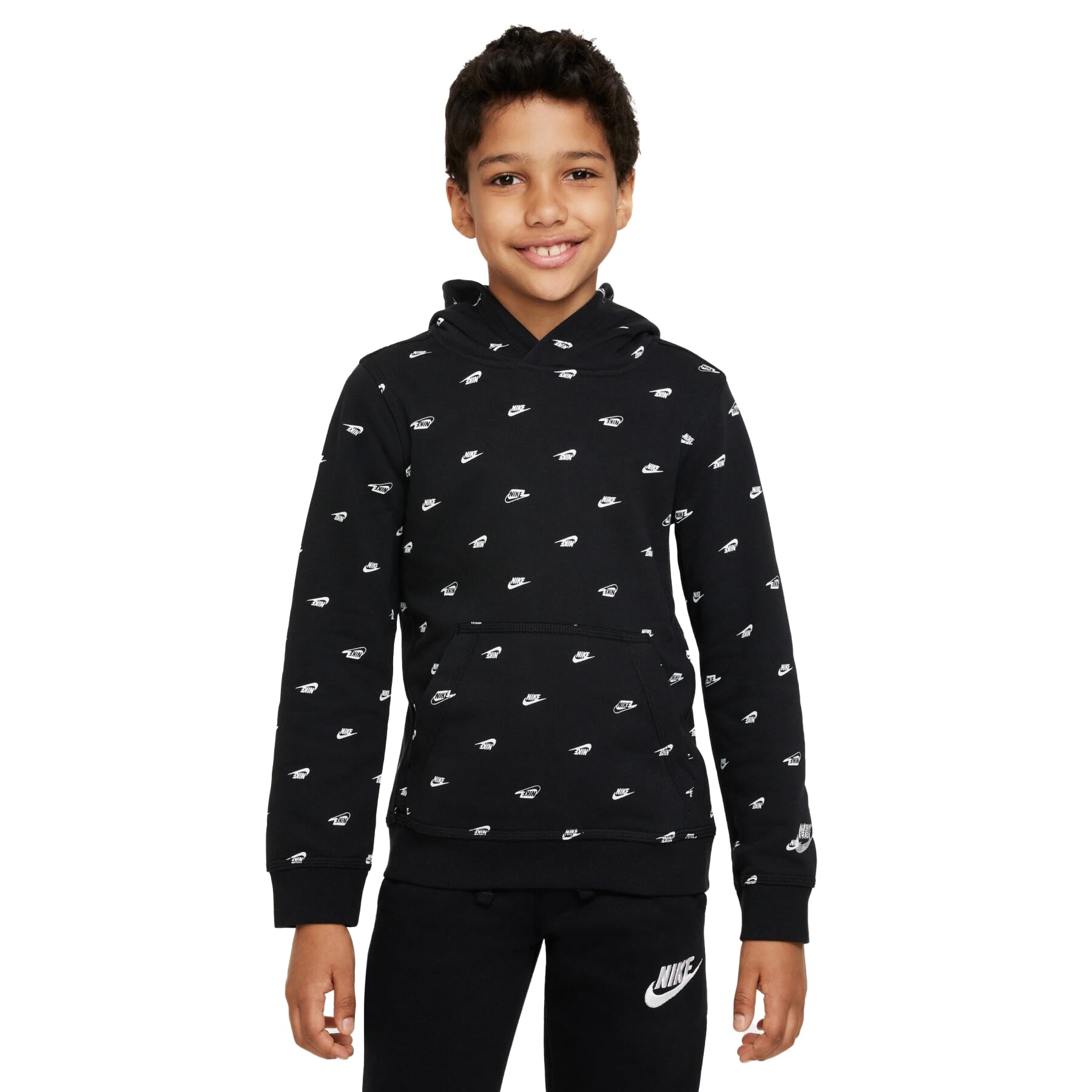 Nike DQ9110-010 B NSW PO HD CLUB FLC FT AOP Sweatshirt Boy's BLACK/WHITE/WHITE Size S