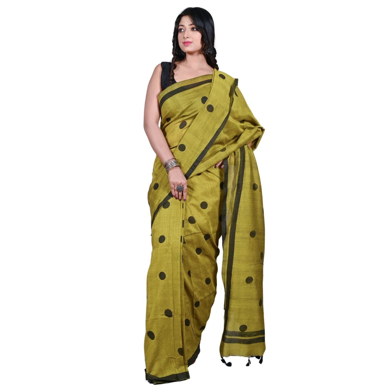 ritisa fashion Women's Pure Cotton Handloom Saree, Green, Hand Wash Only, Polka Dot Pattern, Casual, Half & Half Style-picture-10