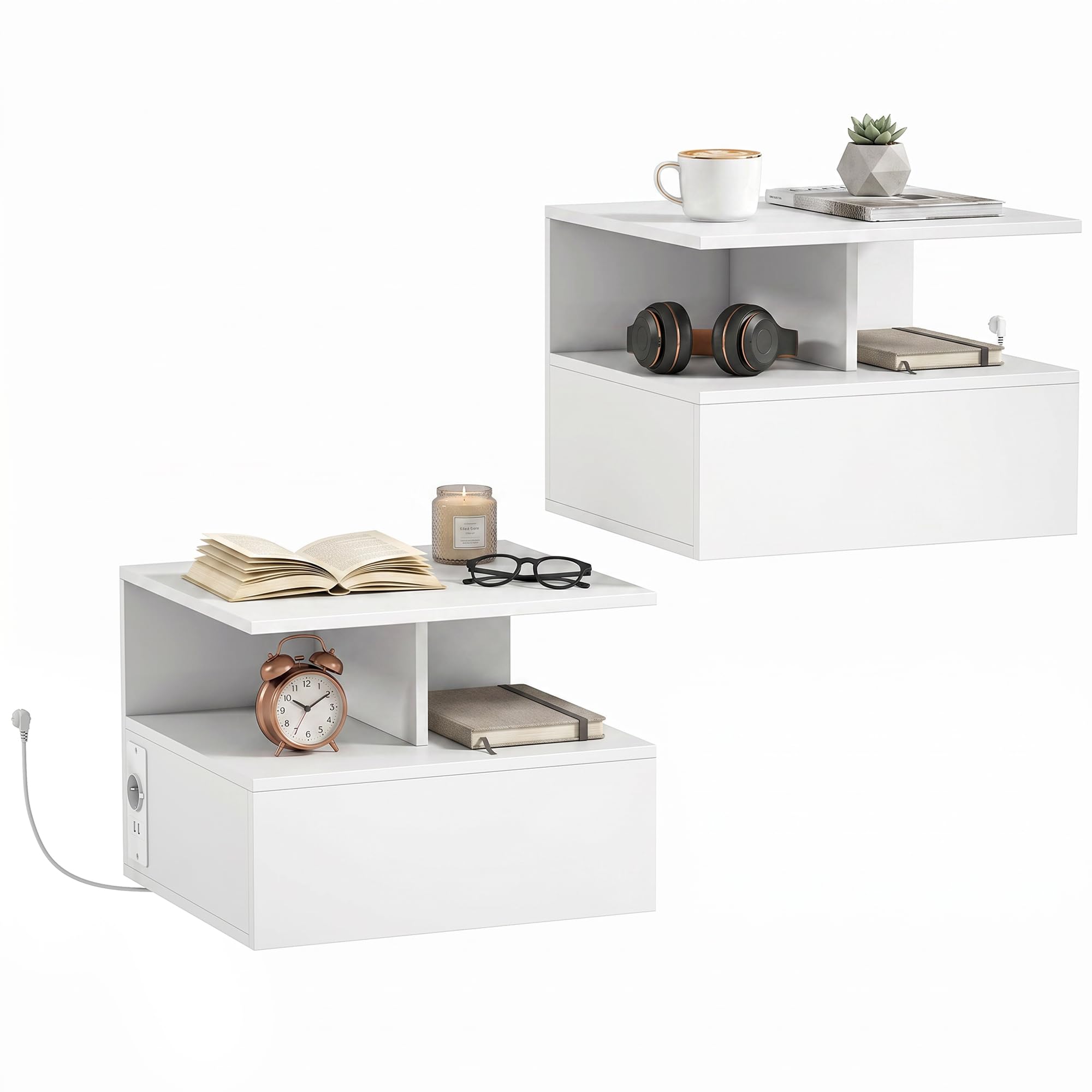 HOMCOM Set di 2 Comodini Camera da Letto Sospesi con Stazione di Ricarica, Coppia di Comodino Salvaspazio Moderno con Cassetto e Scomparto Aperto, Tavolini per Camera da Letto, 40x35x30 cm, Bianco