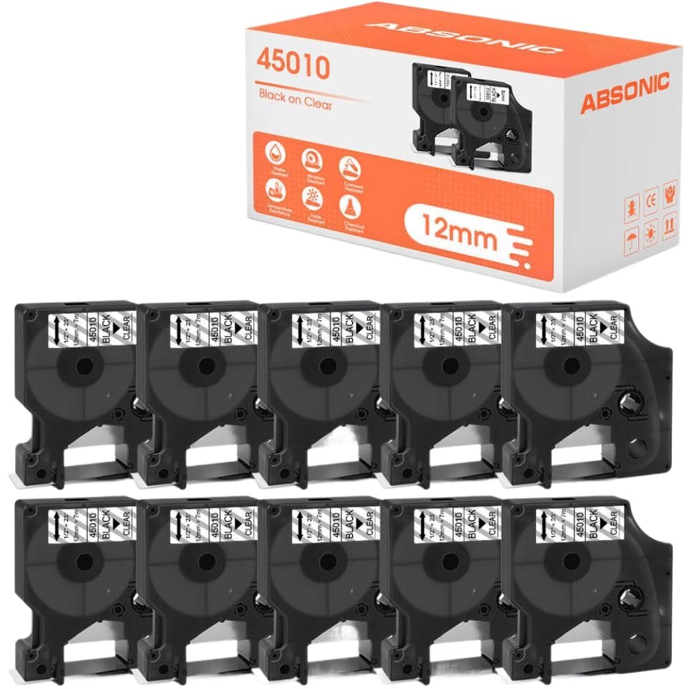 Paquete de 10 cintas de etiquetas D1 compatibles, 12 mm, negro sobre transparente, para rotuladora portátil LabelManager 160