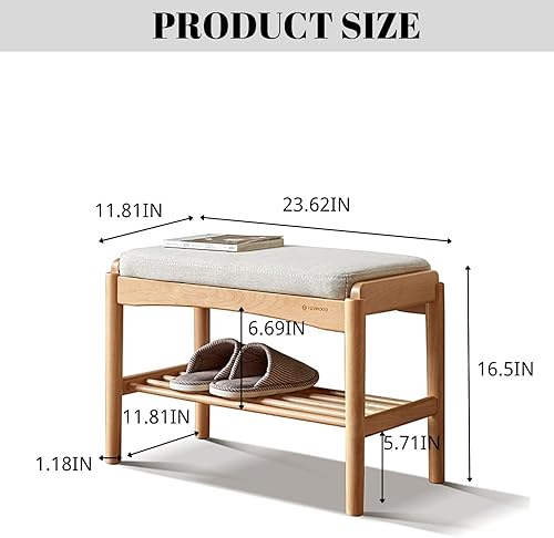 Miniatura 17 de Banco de zapatos de madera, banco de almacenamiento de 2 niveles con asiento acolchado acolchado, banco de entrada con almacenamiento de zapatos,