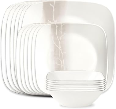 Corelle Vitrelle 18 Piece Glass Dinnerware Sets Rectangular Square Plate and Bowl Set Service for 6, Triple Layer Chip & Crack Resistant Glass Plate and Bowl Sets, Wandering Grove