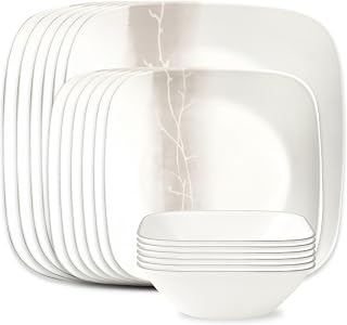 Corelle Vitrelle 18 Piece Glass Dinnerware Sets Rectangular Square Plate and Bowl Set Service for 6, Triple Layer Chip & Crack Resistant Glass Plate and Bowl Sets, Wandering Grove