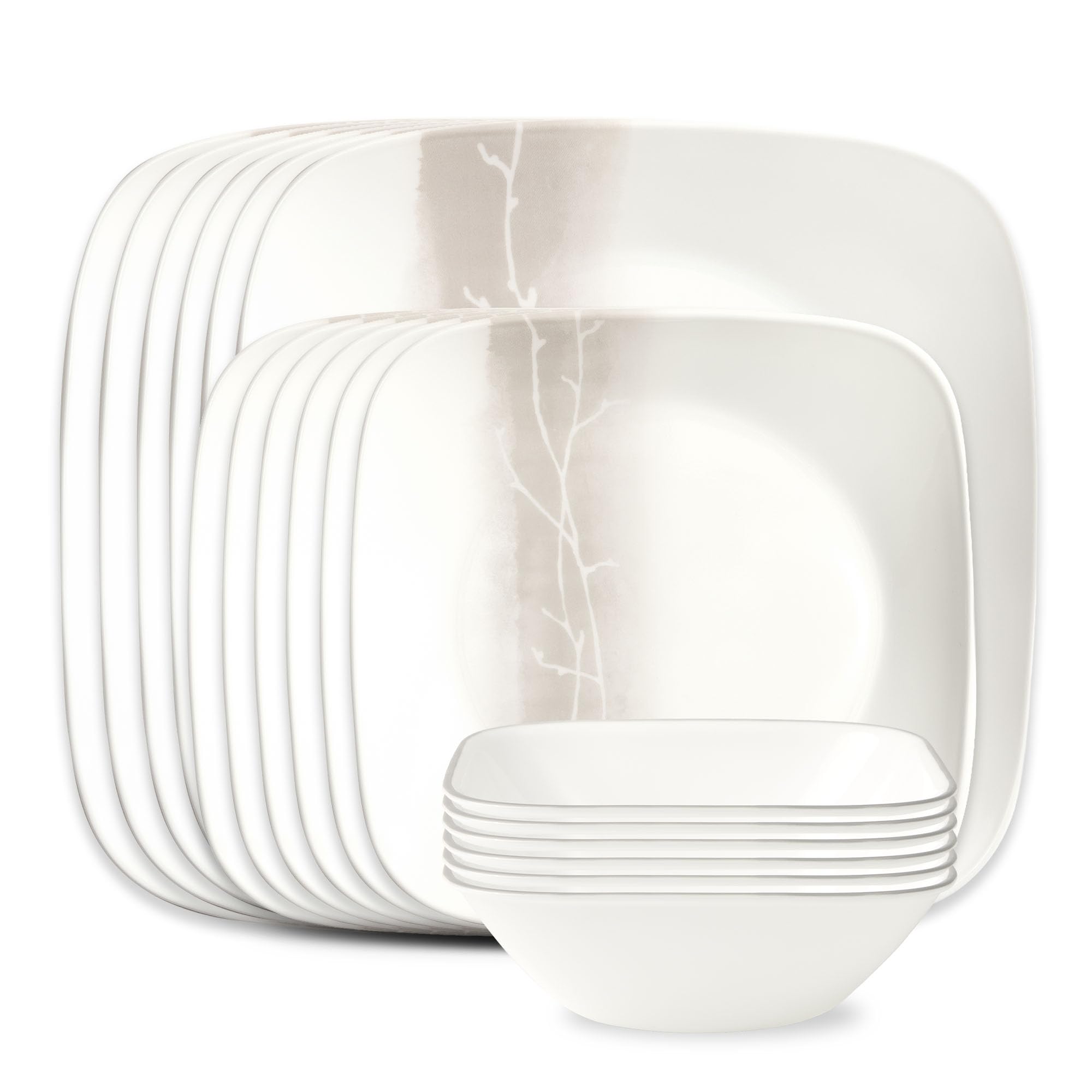 Corelle Vitrelle 18 Piece Glass Dinnerware Sets, Rectangular Square Plate and Bowl Set Service for 6, Triple Layer Chip & Crack Resistant Glass Plate and Bowl Sets, Wandering Grove