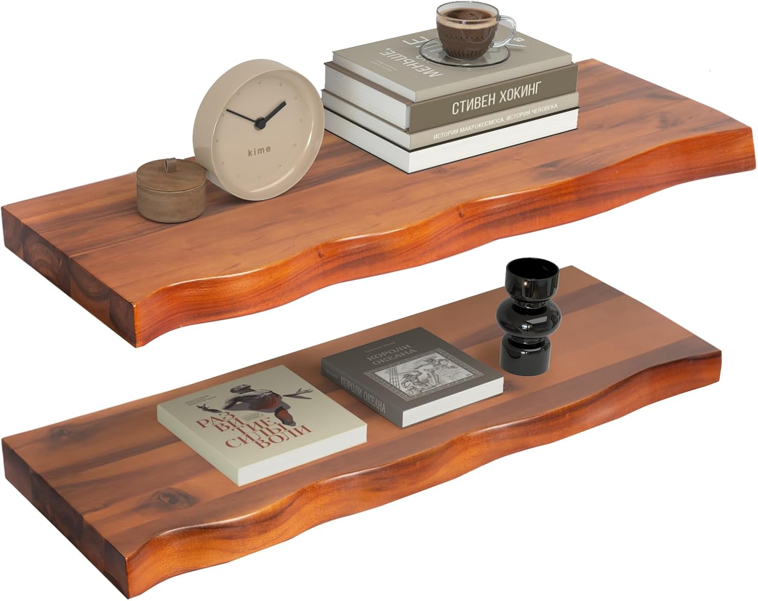24" Solid Wood Live Edge Floating Shelves – Set of 2, Rustic Live Edge Floating Shelves for Living Room, Bathroom, Bedroom, and Kitchen, 24x8 Inches, Golden Teak Finish