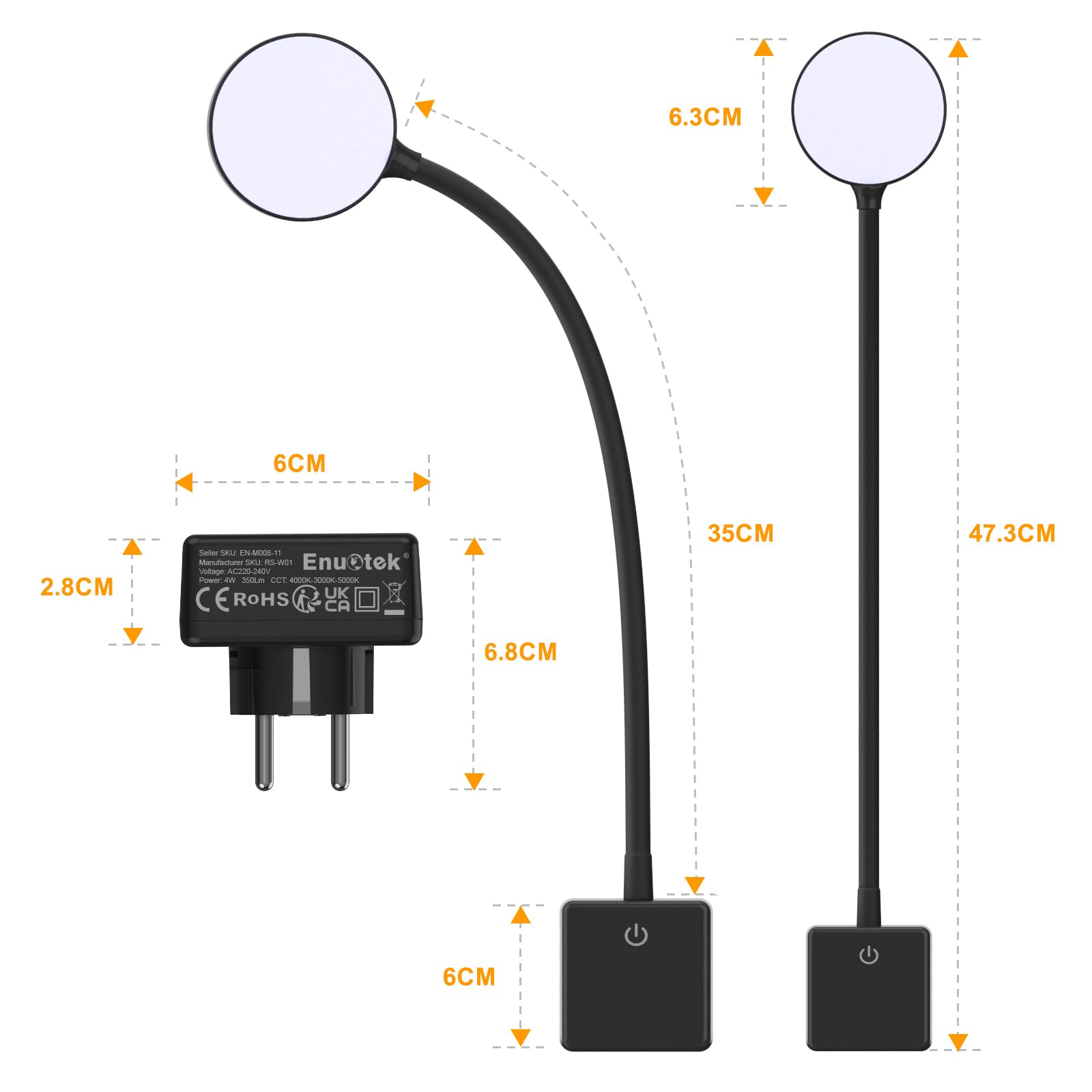 ENUOTEK Lampe Applique Murale de Chevet Chambre Lecture LED avec Prise de Courant pour Lire la Nuit, 4W 350Lm, 3X Luminosité Tactile Dimmable, 3000K-4000K-5000K, Lampe Flexible Noire