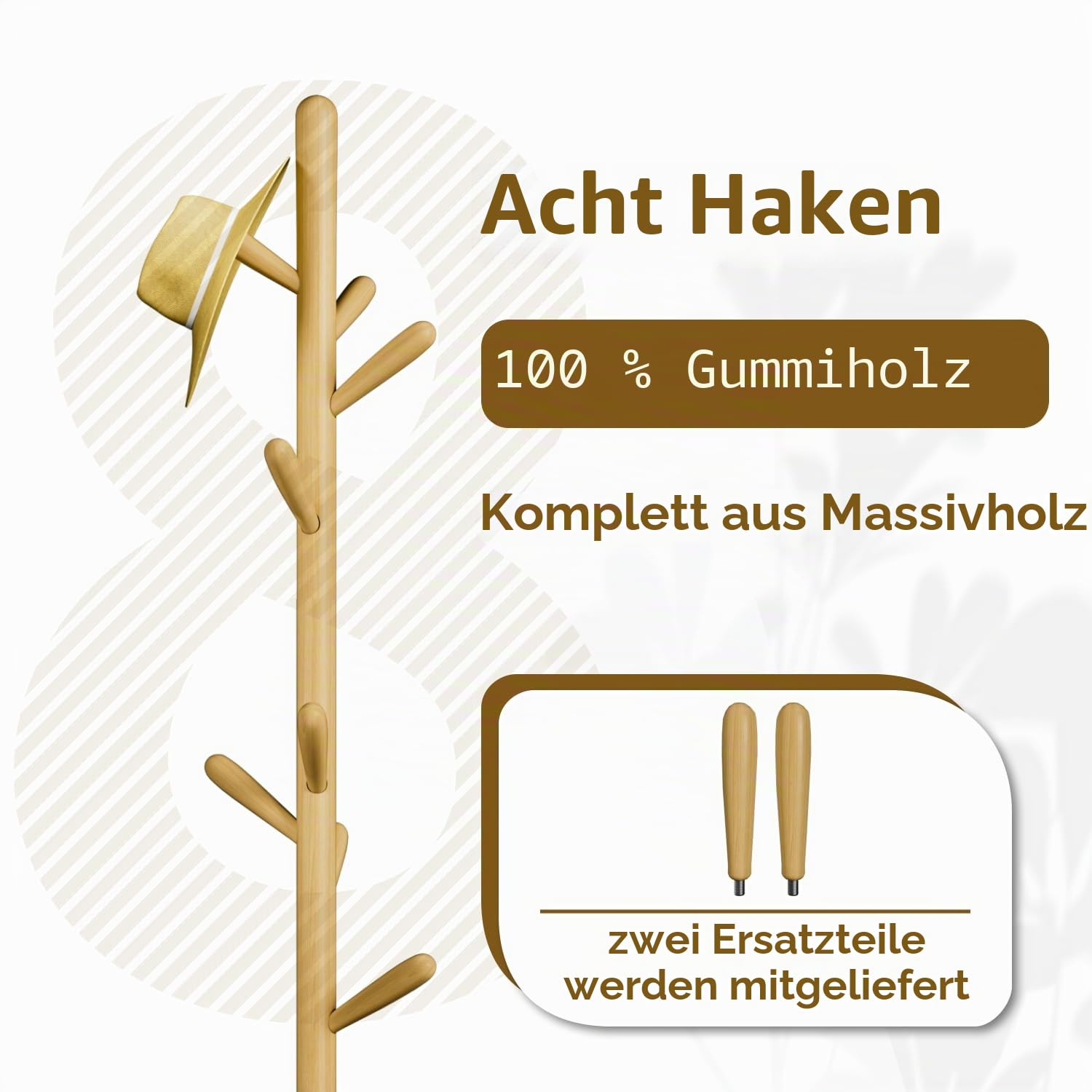 Garderobenleiste aus Massivholz, freistehende Baumgarderobe mit 8 Haken(+ 2 Ersatzteil),3 verstellbare Größen , Hutständer für Schlafzimmer/Büro/Eingangsbereich(quadratischer Boden, Naturbeige)