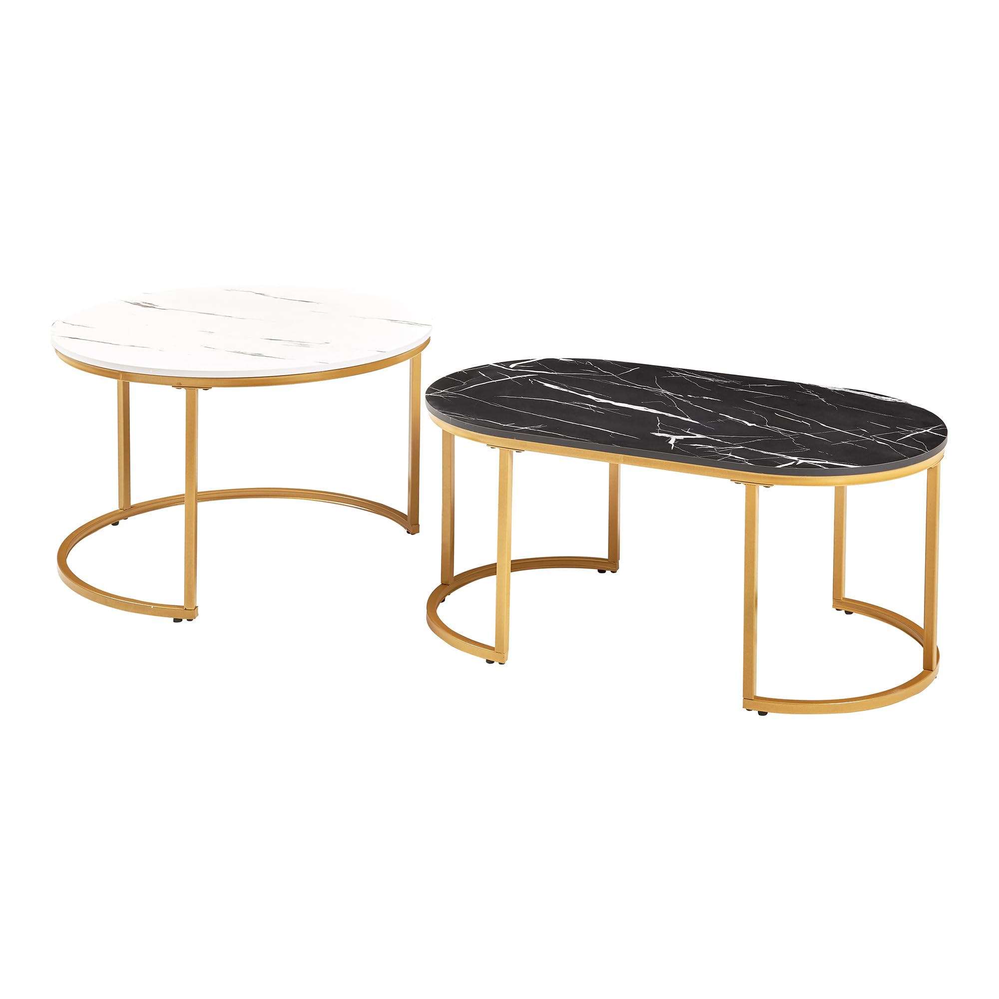 [en.casa] Set de 2 Tables Basses Gigognes de Tailles Différentes Tables d'Appoint Empilables Bout de Canapé Robuste Design Intemporel pour Salon Séjour Bureau Acier MDF Aspect Marbre Blanc Noir Or