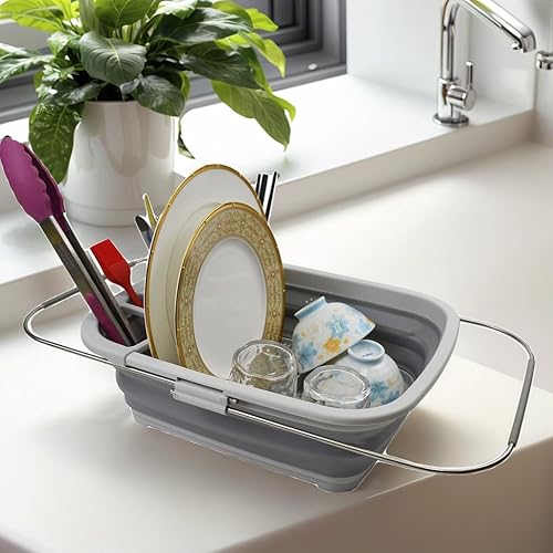 Miniatura 7 de SAMMART Escurridor de platos de plástico plegable expandible de 8L (2.11 galones), estante de secado plegable, organizador de vajilla portátil,