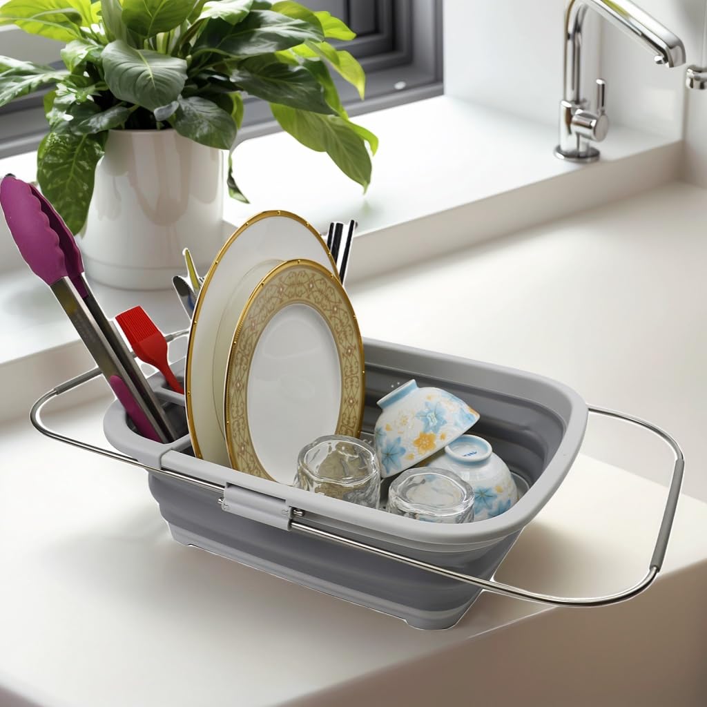 SAMMART Escurridor de platos plegable expandible de 8 L (2.11 galones), estante de secado plegable, organizador de vajilla portátil, bandeja de almacenamiento de cocina que ahorra espacio (gris, 1)