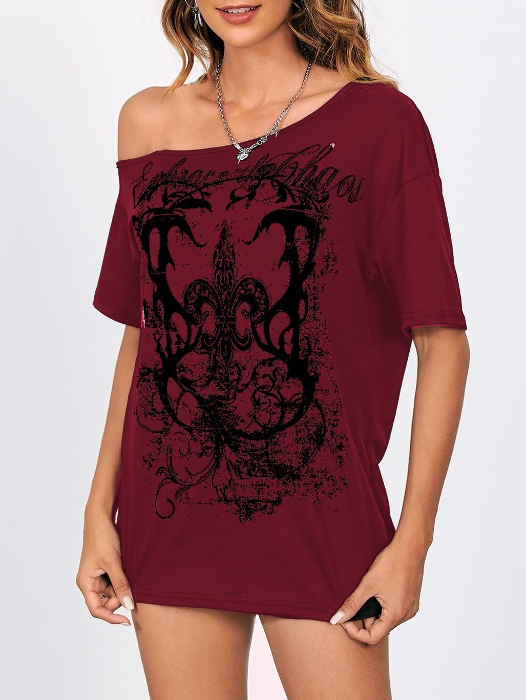 SOLY HUX Women's Off The Shoulder Tops Graphic Tees Y2k Vintage Gothic Oversized T Shirts Streetwear - Image 5