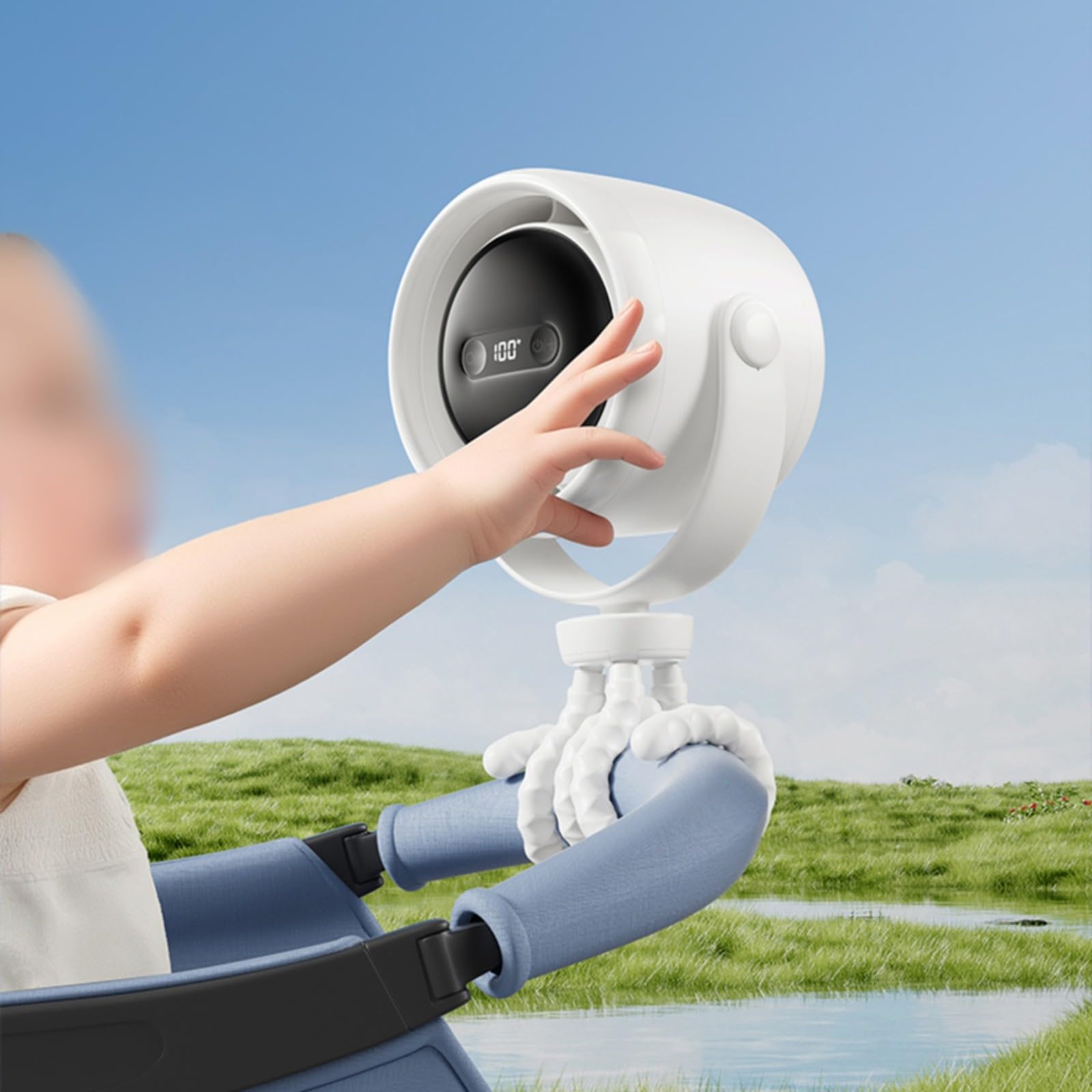Ventilatore ricaricabile per passeggino con batteria da 20000 mAh, 100 velocità, senza lama, con clip e luce LED e aromaterapia, per campeggio (bianco)