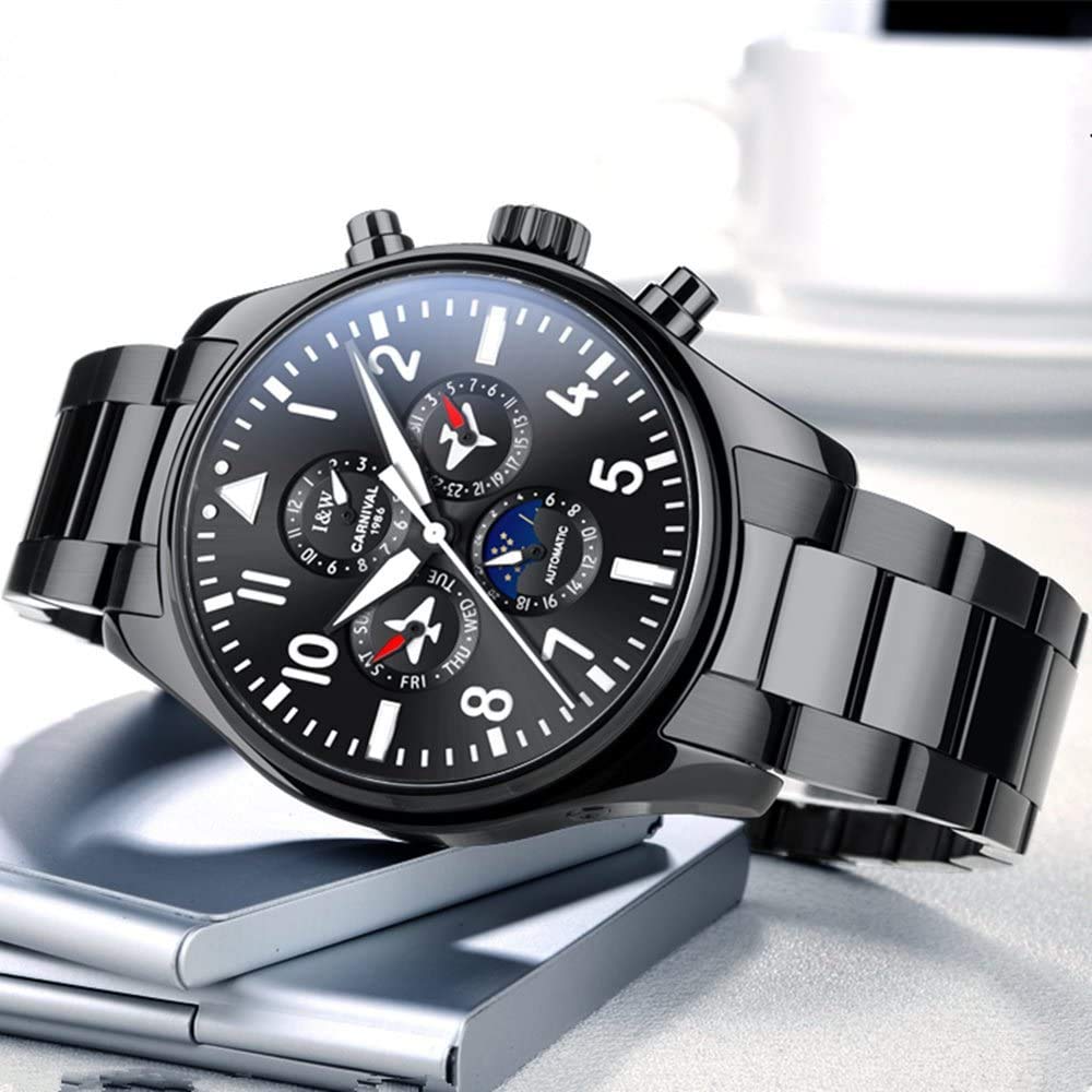 MASTOP Herren Klassische Multifunktions-Automatik-mechanische Uhr Leuchtend Wasserdicht Saphir Business Edelstahlband Kleid Armbanduhr