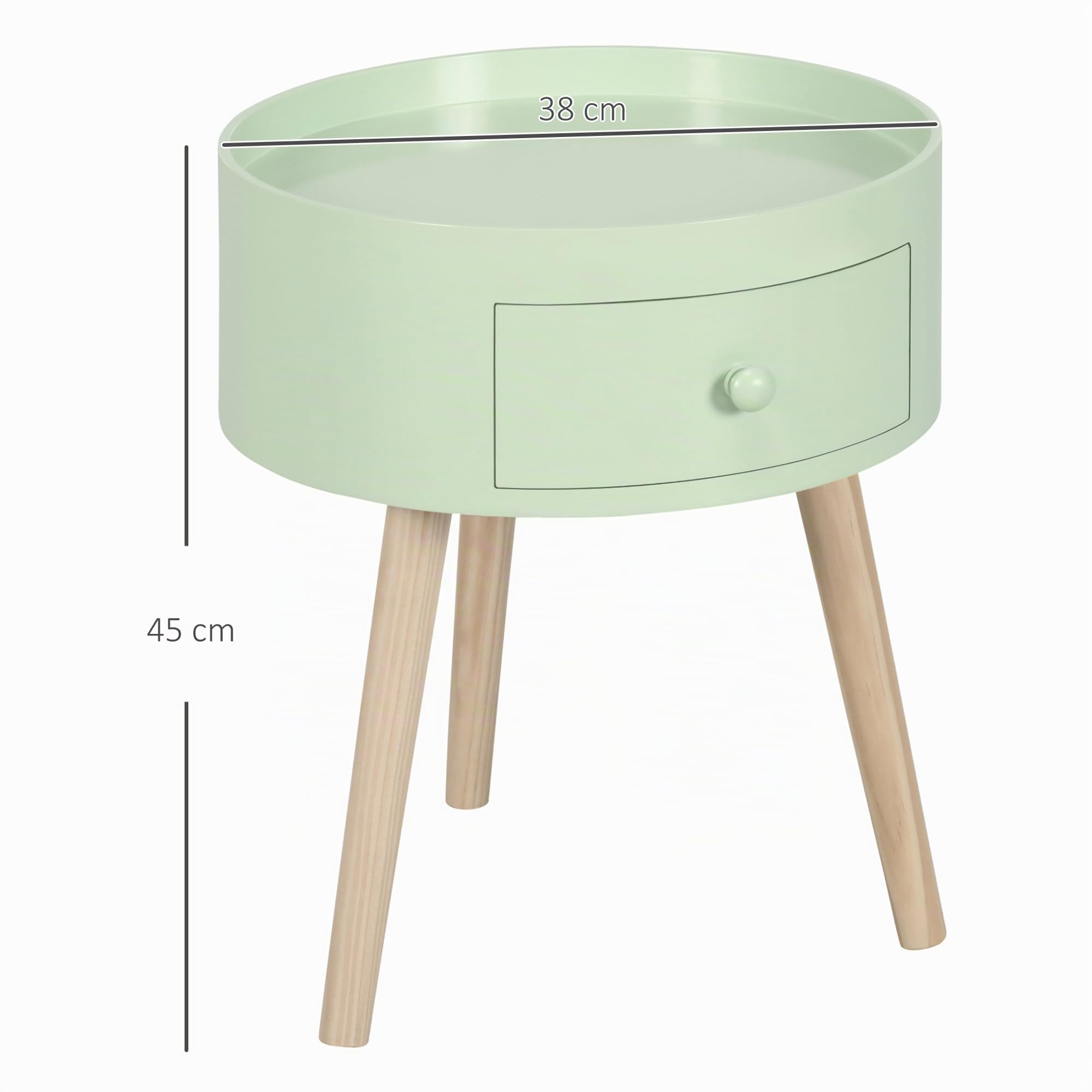 HOMCOM Tavolino da caffè - Tavolino rotondo con cassetto, Verde | Design scandinavo, tavolino da salotto, gambe affusolate e angolate, legno massello