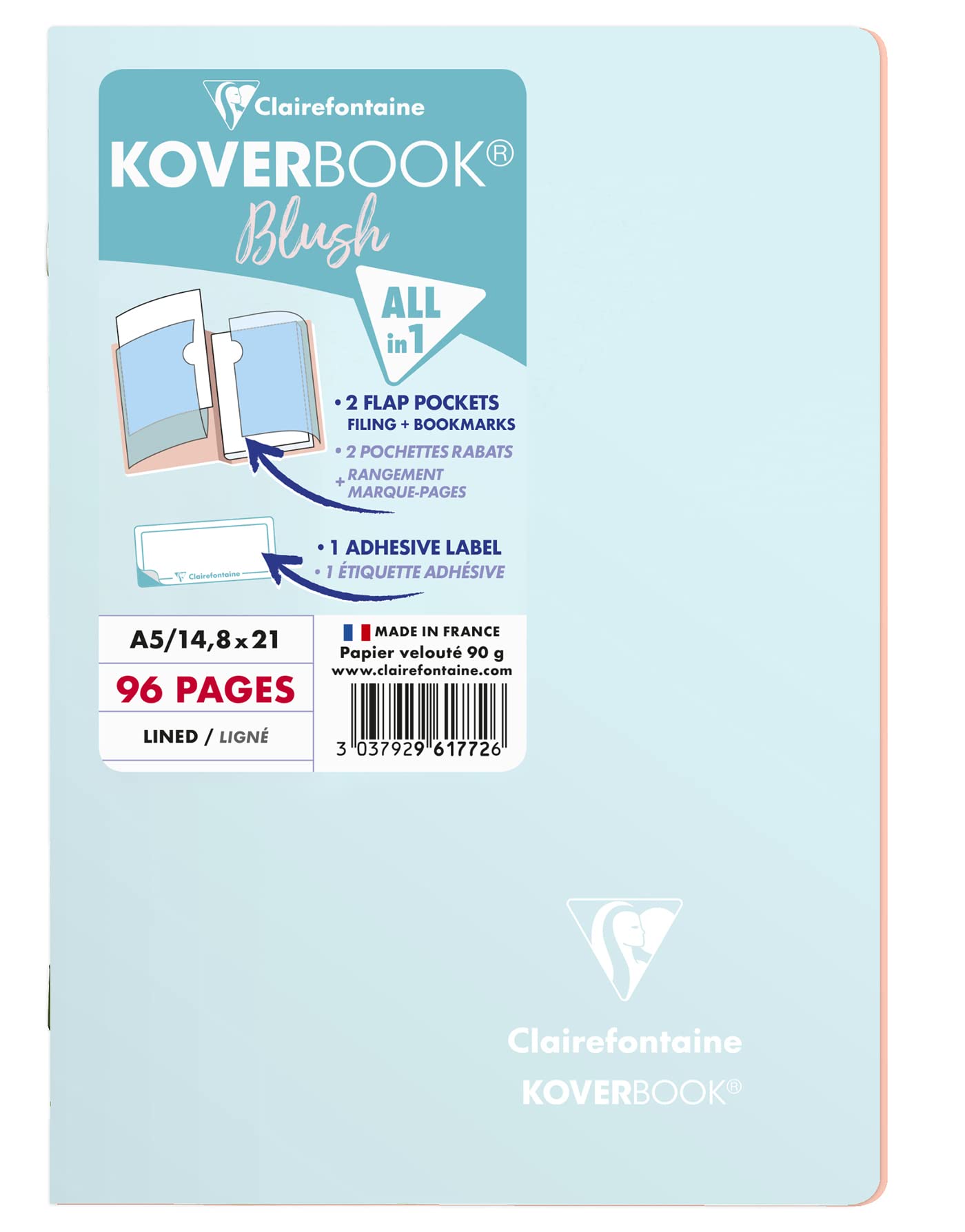 Clairefontaine 961772C - One Stapled Koverbook Blush Blue Frosted Notebook - Dimensions: A5 14,8x21 cm - 96 Lined Pages - White Paper 90 g - Polypro cover